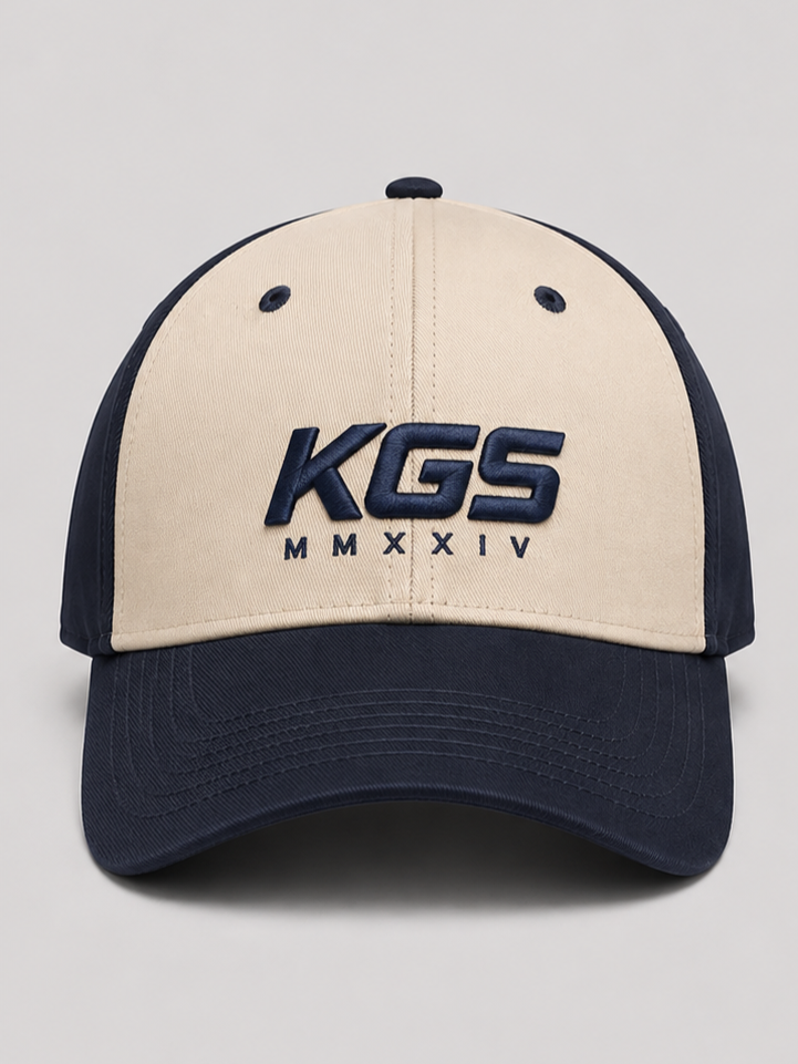 c3 navy beige baseball cap front with embroidered KGS logo